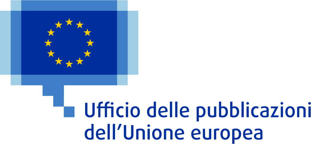 Logo dell’Ufficio delle pubblicazioni dell’Unione europea, costituito dalla bandiera dell’Unione europea con 12 stelle gialle disposte in cerchio su sfondo blu all’interno di un fumetto blu pixelato.