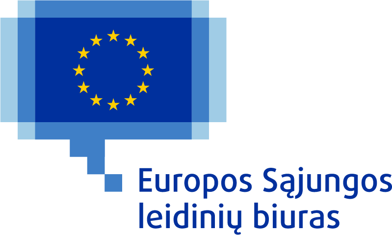 Europos Sąjungos leidinių biuro logotipas, kurį sudaro Europos Sąjungos vėliava su dvylika ratu išsidėsčiusių geltonų žvaigždžių mėlyname fone mėlyname taškiniame teksto burbule.