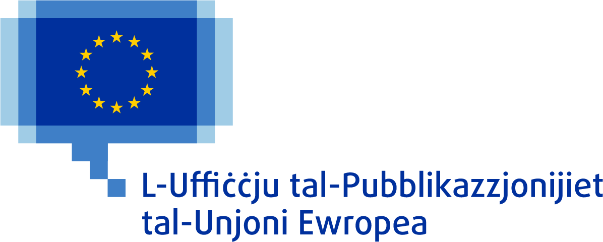Il-logo tal-Uffiċċju tal-Pubblikazzjonijiet tal-Unjoni Ewropea, li jinkludi l-bandiera tal-Unjoni Ewropea bi 12-il stilla safra mqiegħda f’ċirku fuq sfond blu ġo bużżieqa tad-diskors blu bil-pixels.