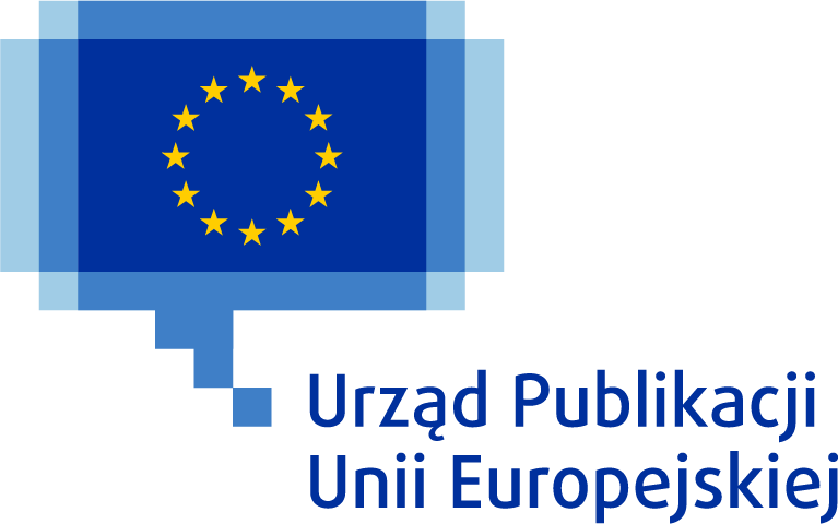 Logo Urzędu Publikacji Unii Europejskiej składające się z flagi Unii Europejskiej przedstawiającej 12 żółtych gwiazd ułożonych w okrąg na błękitnym tle wewnątrz niebieskiego, pikselowanego dymku dialogowego.
