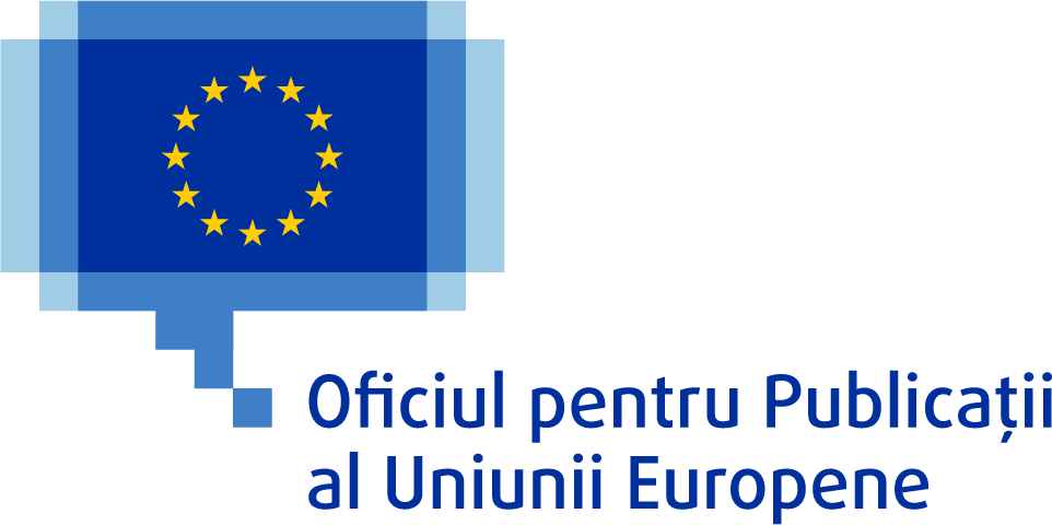 Logoul Oficiului pentru Publicații al Uniunii Europene, compus din drapelul Uniunii Europene cu 12 stele galbene dispuse într-un cerc pe fond albastru, încadrat într-o bulă de dialog pixelată de culoare albastră.