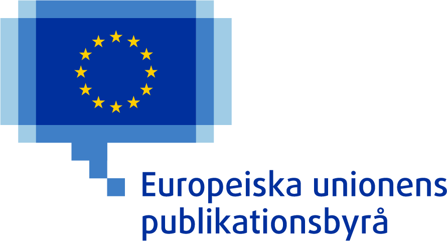På Publikationsbyråns logotyp finns en blå pixlad pratbubbla som omger Europaemblemet – tolv gula stjärnor placerade i cirkel mot en blå rektangel.