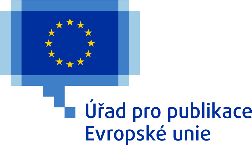 Logo Úřadu pro publikace Evropské unie sestávající z vlajky Evropské unie s 12 žlutými hvězdami uspořádanými v kruhu na modrém pozadí uvnitř modré pixelové textové bubliny.
