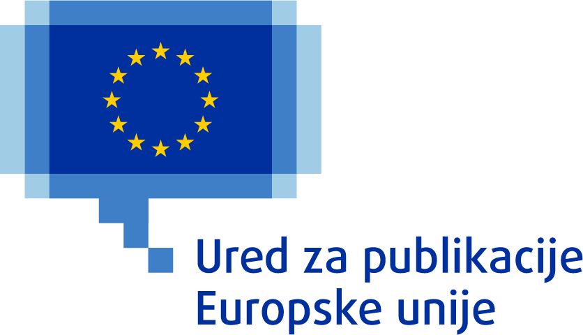 Logotip Ureda za publikacije Europske unije, koji se sastoji od zastave Europske unije s krugom od 12 žutih zvijezda na plavoj pozadini u plavom pikseliziranom govornom oblačiću.