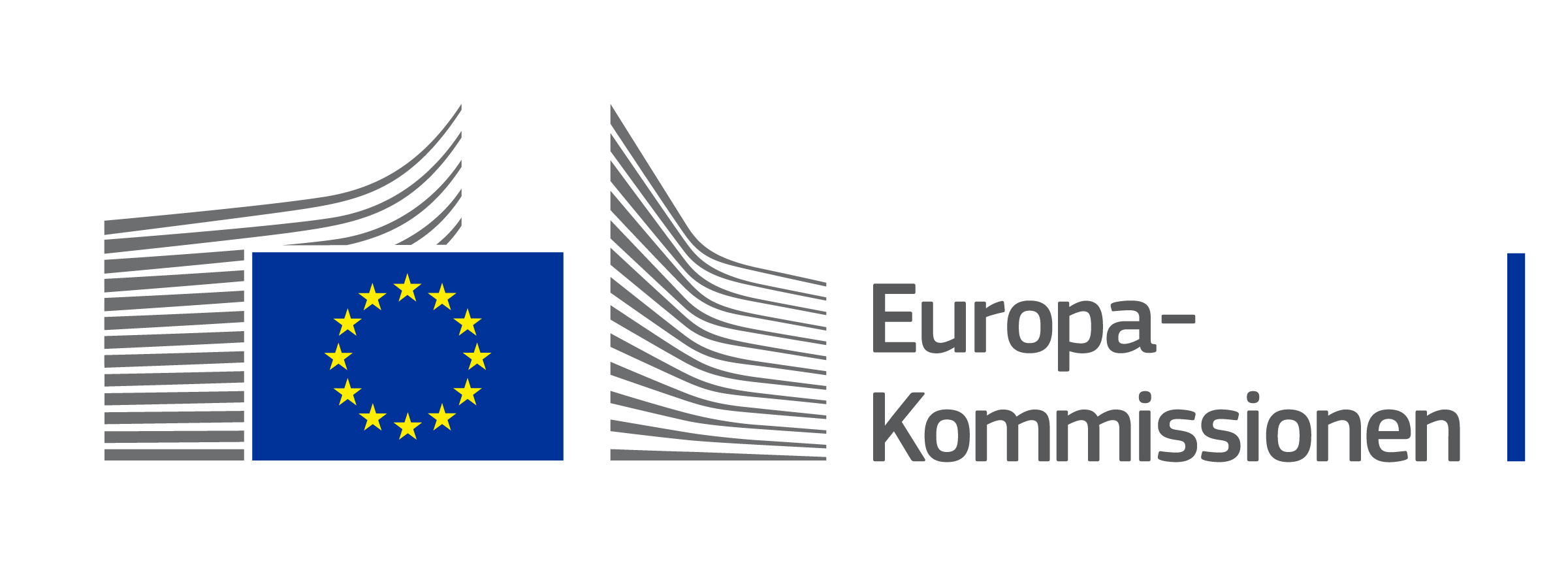 Europa-Kommissionens logo bestående af Den Europæiske Unions flag med 12 gule stjerner i en cirkel med blå baggrund, bag hvilket der findes 26 grå buede striber og teksten »Europa-Kommissionen til højre«.