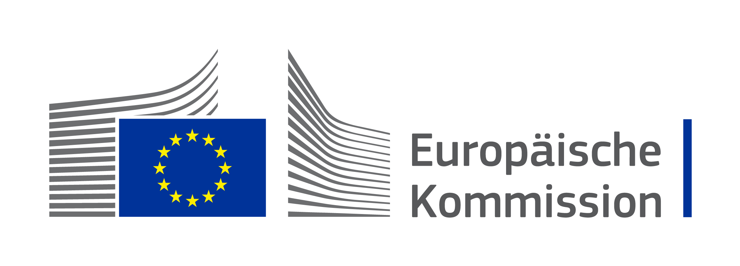 Logo der Europäischen Kommission, bestehend aus der Flagge der Europäischen Union mit 12 gelben Sternen, die kreisförmig auf einem blauen Hintergrund angeordnet sind, 26 geschwungenen grauen Streifen im Hintergrund und der Aufschrift „Europäische Kommission“ rechts davon.