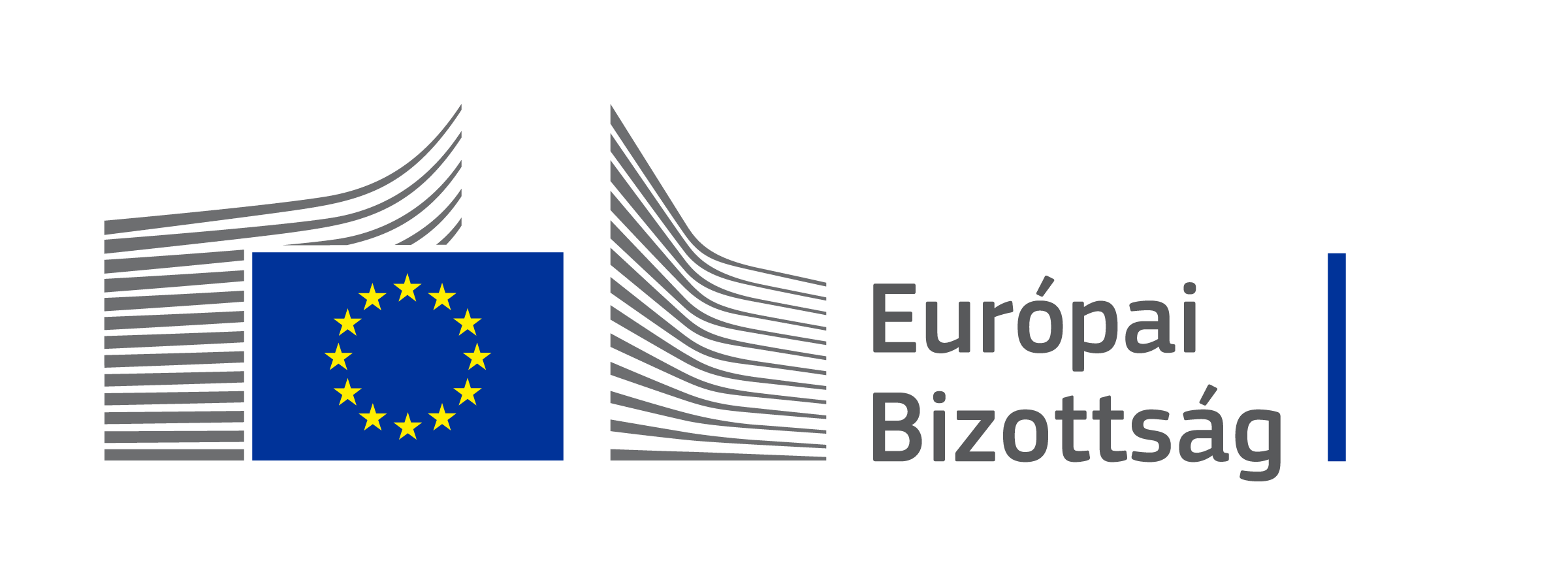 Az Európai Bizottság logója, amelyen az Európai Unió zászlaja szerepel, rajta körbe rendezve, kék alapon 12 sárga csillag, mögötte 26 szürke hajlított vonal, alul pedig az „Európai Bizottság” felirat.