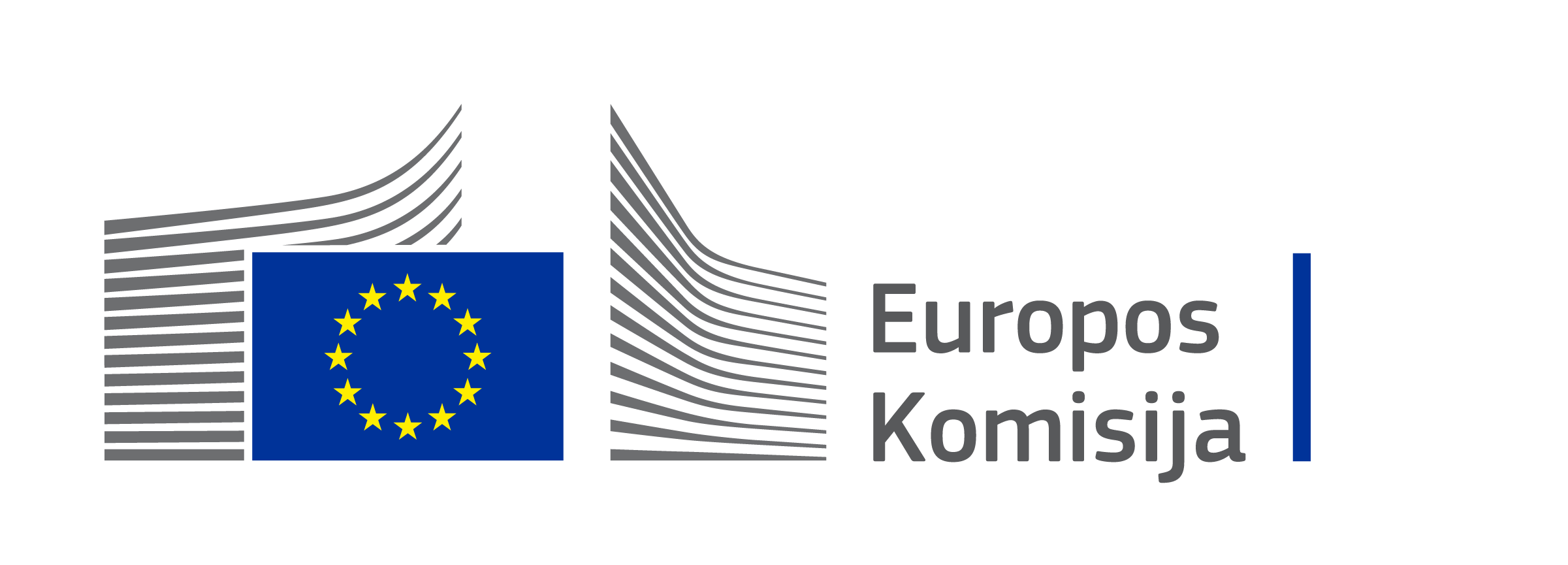 Europos Komisijos logotipas, kurį sudaro Europos Sąjungos vėliava su dvylika ratu išsidėsčiusių geltonų žvaigždžių mėlyname fone, už jos yra dvidešimt šešios pilkos lenktos juostos, o dešinėje – užrašas „Europos Komisija“.