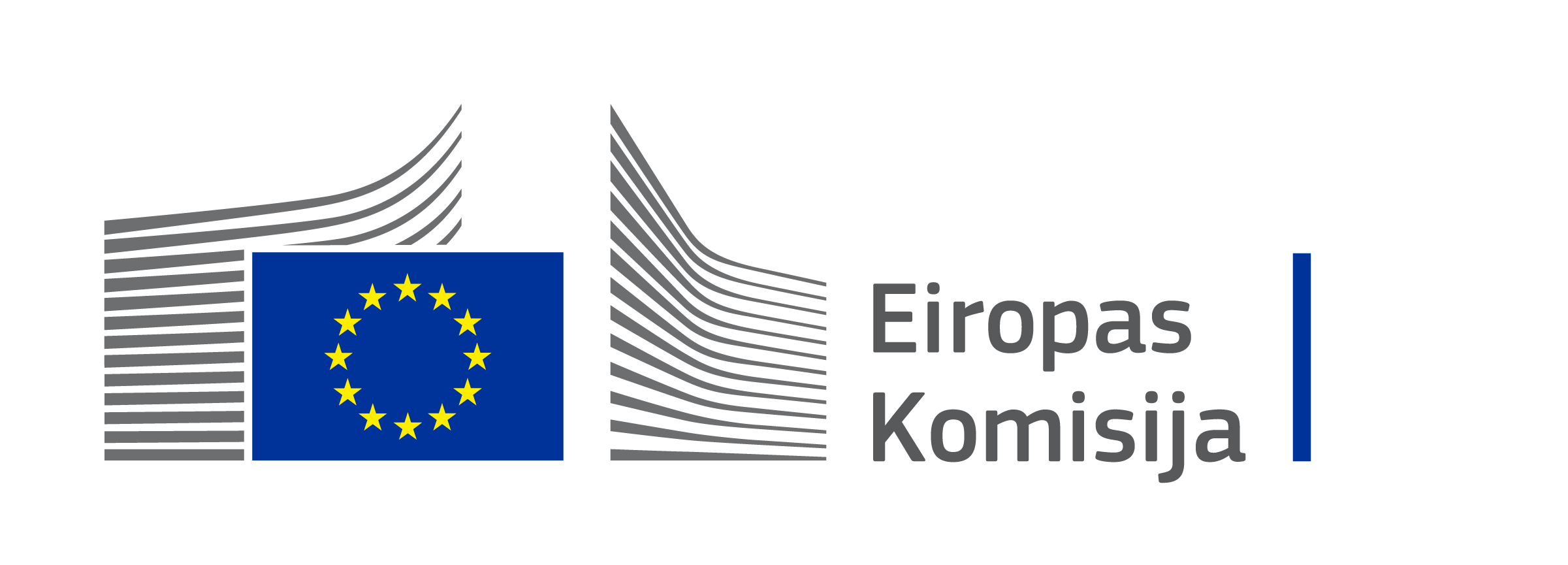 Eiropas Komisijas logotips, ko veido Eiropas Savienības karogs ar divpadsmit dzeltenām zvaigznēm, kuras izvietotas aplī uz zila fona. Karoga fonā ir 20 sešas pelēkas izliektas svītras, pa labi no tā – uzraksts “Eiropas Komisija