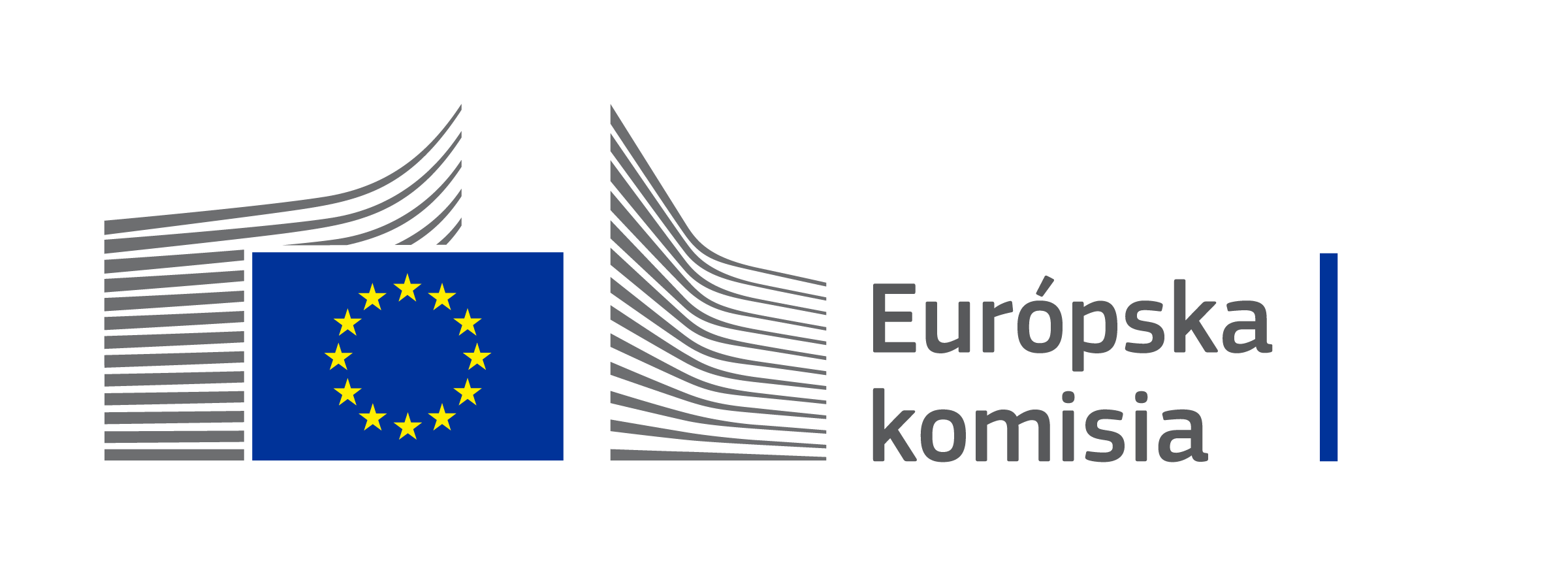 Logo Európskej komisie pozostávajúce z vlajky Európskej únie s dvanástimi žltými hviezdami v kruhu na modrom pozadí, za ktorou je 26 ohýbajúcich sa sivých pruhov, a nápisu Európska komisia po pravej strane.