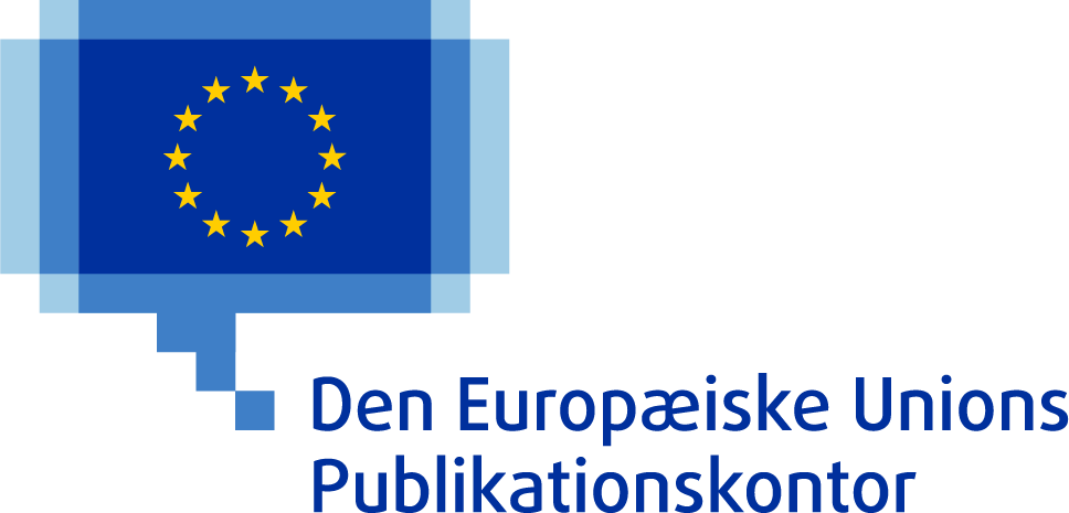 Den Europæiske Unions Publikationskontors logo bestående af Den Europæiske Unions flag med 12 gule stjerner i en cirkel med blå baggrund i en blå pixeleret taleboble.