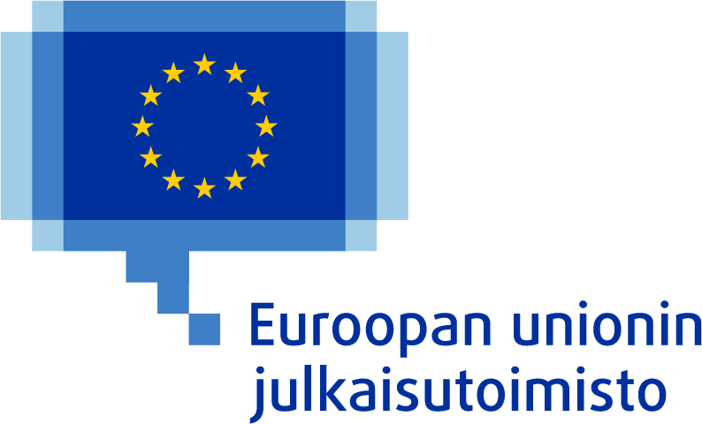 Euroopan unionin julkaisutoimiston logo, joka muodostuu Euroopan unionin lipusta, jossa on 12 keltaista tähteä ympyrässä sinisellä pohjalla, sinisen pikselikuvana olevan puhekuplan sisällä.