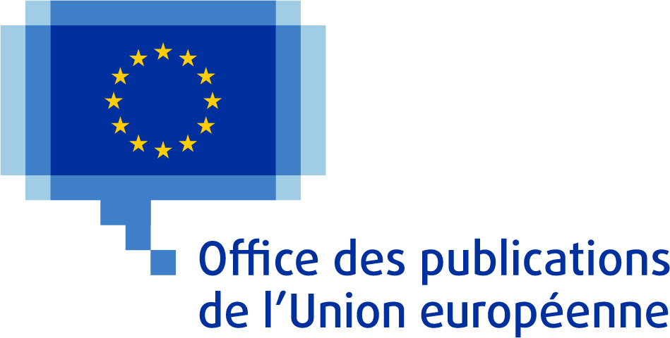 Logo de l’Office des publications de l’Union européenne, constitué du drapeau de l’Union européenne avec 12 étoiles jaunes disposées en cercle sur fond bleu dans une infobulle pixellisée bleue.