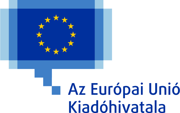 Az Európai Unió Kiadóhivatalának logója, amelyen az Európai Unió zászlaja szerepel, rajta körbe rendezve, kék alapon 12 sárga csillag, egy kék, pixelek alkotta szövegbuborékban.