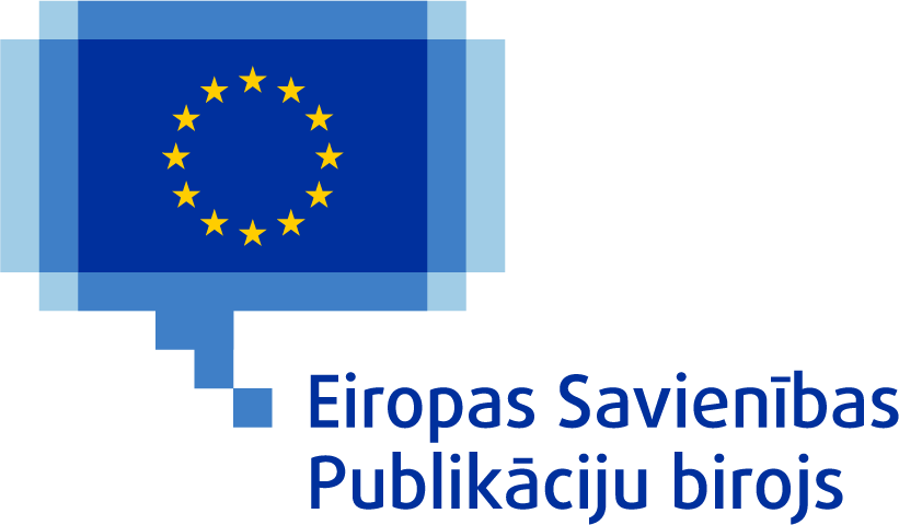 Eiropas Savienības Publikāciju biroja logotips, ko veido Eiropas Savienības karogs ar divpadsmit dzeltenām zvaigznēm, kas aplī uz zila fona izvietotas rastra attēla stilā noformētā runas burbulī.