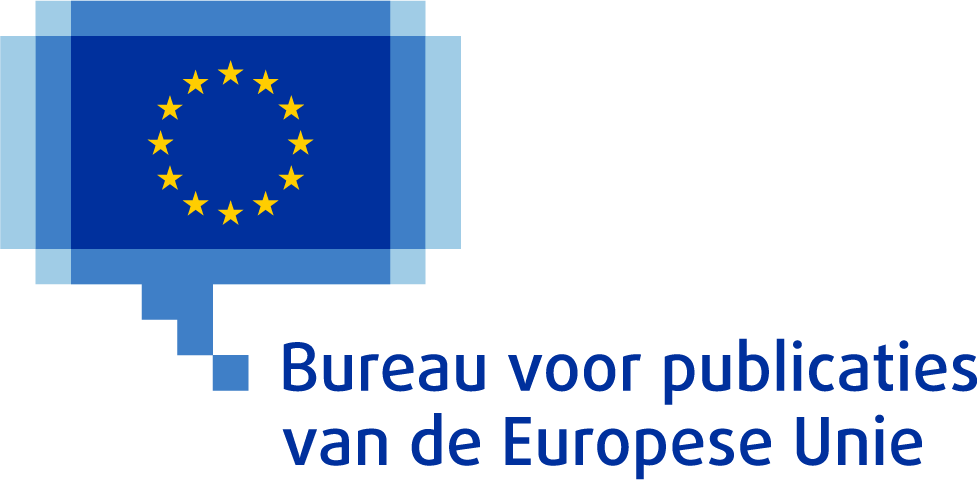 Logo van het Bureau voor publicaties van de Europese Unie, dat bestaat uit de vlag van de Europese Unie met 12 gele sterren in een cirkel op een blauwe achtergrond in een blauwe, uit pixels opgebouwde tekstballon.