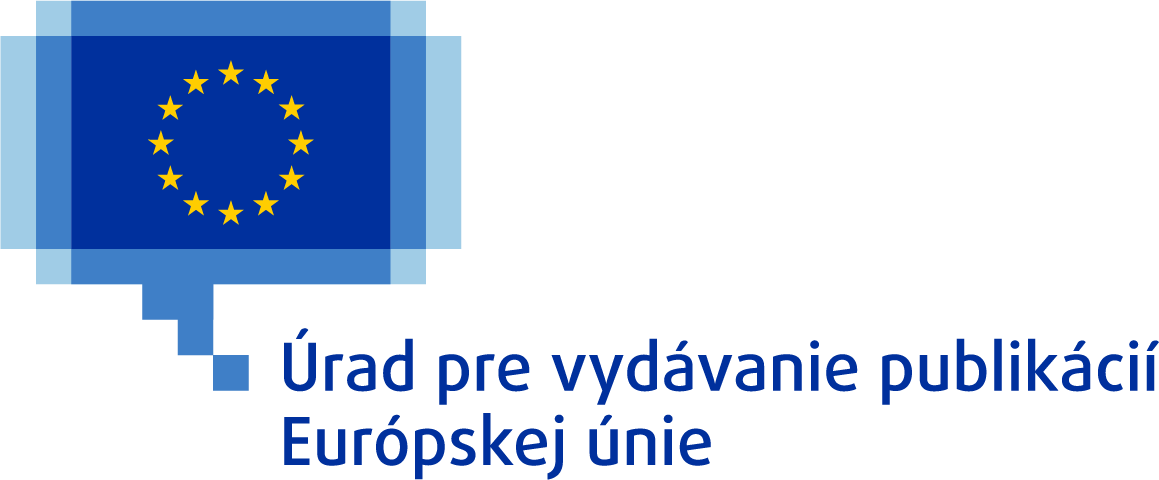 Logo Úradu pre vydávanie publikácií Európskej únie pozostávajúce z vlajky Európskej únie s dvanástimi žltými hviezdami v kruhu na modrom pozadí, ktorá je umiestnená v modrej rečovej bubline s pixelovanými okrajmi.