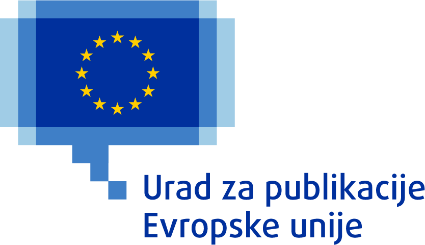 Logotip Urada za publikacije Evropske unije, sestavljen iz zastave Evropske unije z dvanajstimi rumenimi zvezdami, razporejenimi v krogu na modrem ozadju, znotraj modrega pikseliziranega besedilnega oblačka.