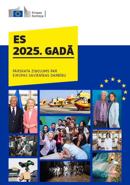 Vāka pirmā lappuse publikācijai „ES 2025. gadā. Pārskata ziņojums par Eiropas Savienības darbību”.
