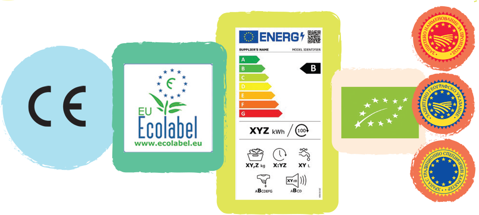 Изображение показва различните етикети на Европейския съюз, които могат да бъдат намерени върху продуктите, закупени в целия Европейски съюз: маркировката „CE“, екомаркировката на Европейския съюз, логото на Европейския съюз за биологични продукти, енергийния етикет на Европейския съюз, географските означения на Европейския съюз.