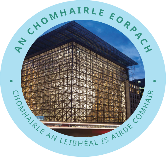 Grianghraf d’Áras Europa, suíochán Chomhairle na hEorpa agus Chomhairle an Aontais Eorpaigh sa Bhruiséil.