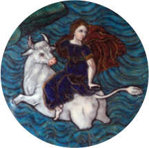 Foto van een schilderij van Jean Limosin waarop Europa wordt ontvoerd door Zeus vermomd als stier.
