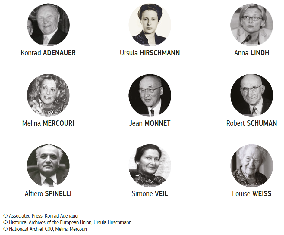 Eine Infografik zeigt EU-Pioniere mit Portraits von Konrad Adenauer, Ursula Hirschmann, Anna Lindh, Melina Mercouri, Jean Monnet, Robert Schuman, Altiero Spinelli, Simone Veil und Louise Weiss.