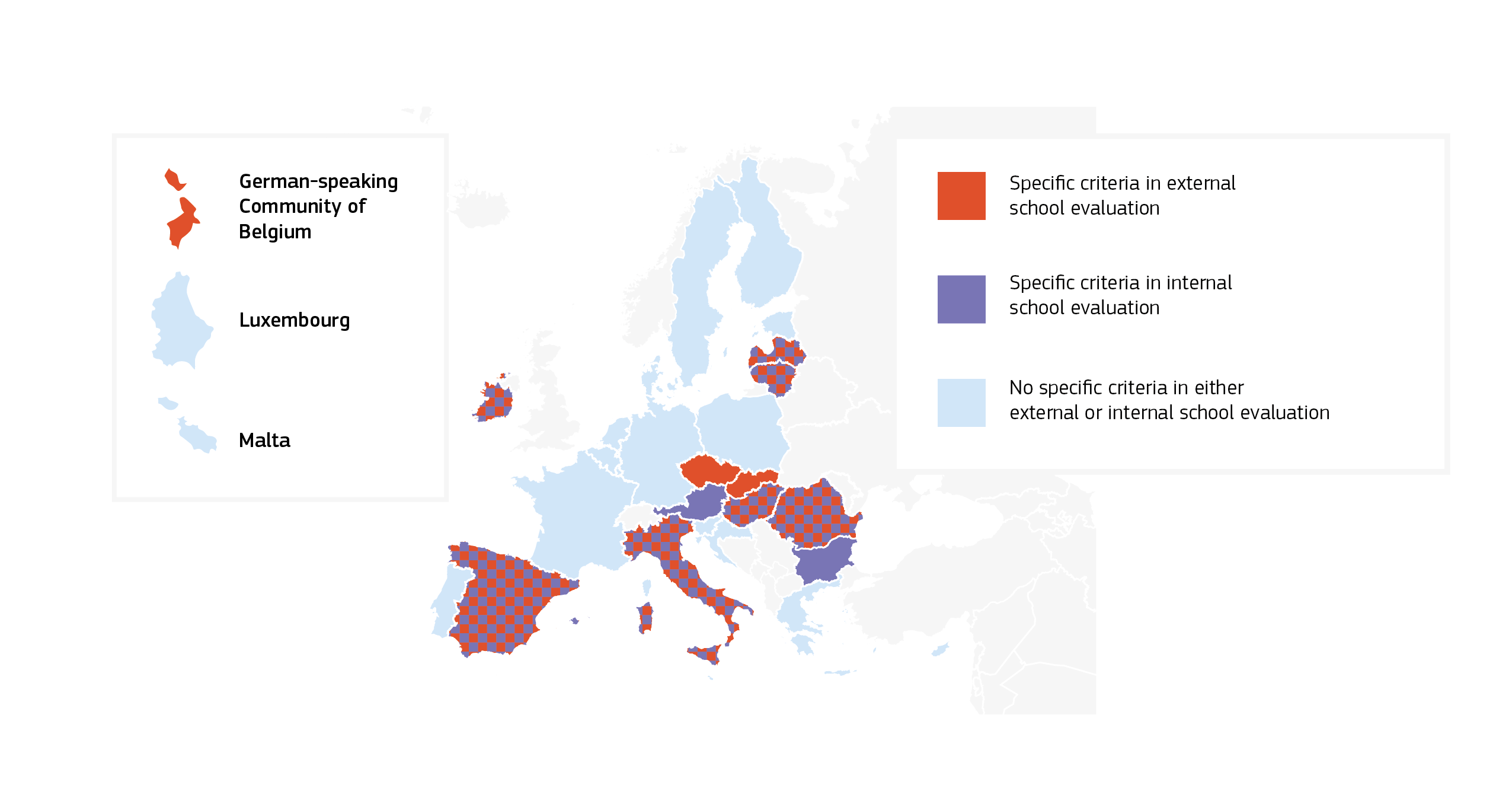 Map showing the distribution of EU education systems according to the existence of specific quality criteria for cross-curricular learning in shool evaluation, wether internal or external (or both). The criteria is present in 12 out of 29 EU education systems.