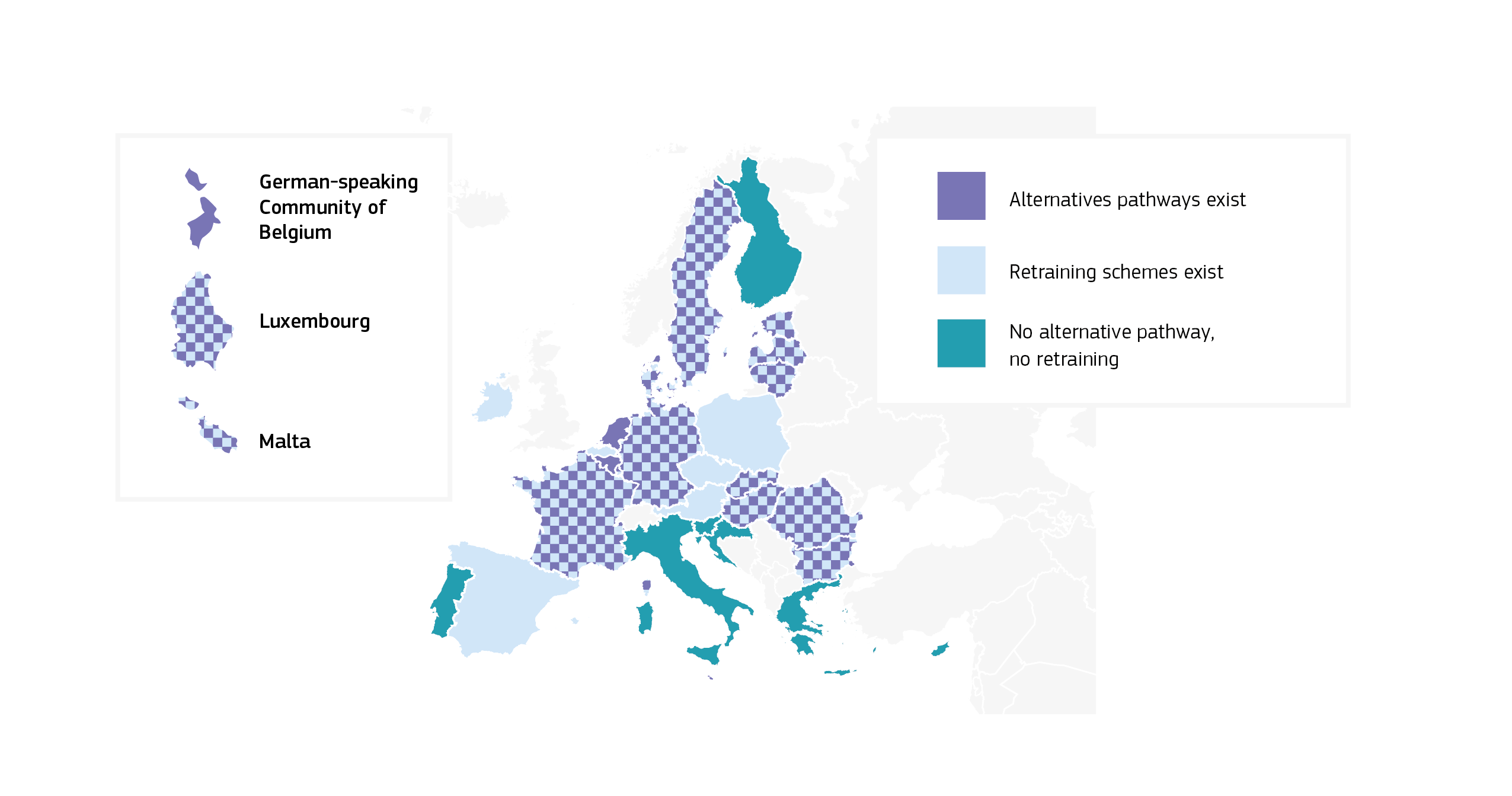 Map showing the distribution of EU education systems according to the existence of alternative pathways for informatic teachers or retraining schemes in any of the education levels between Primaray and Upper secondary (general). The existence of any (or both) options is present in a majority of EU education systems.