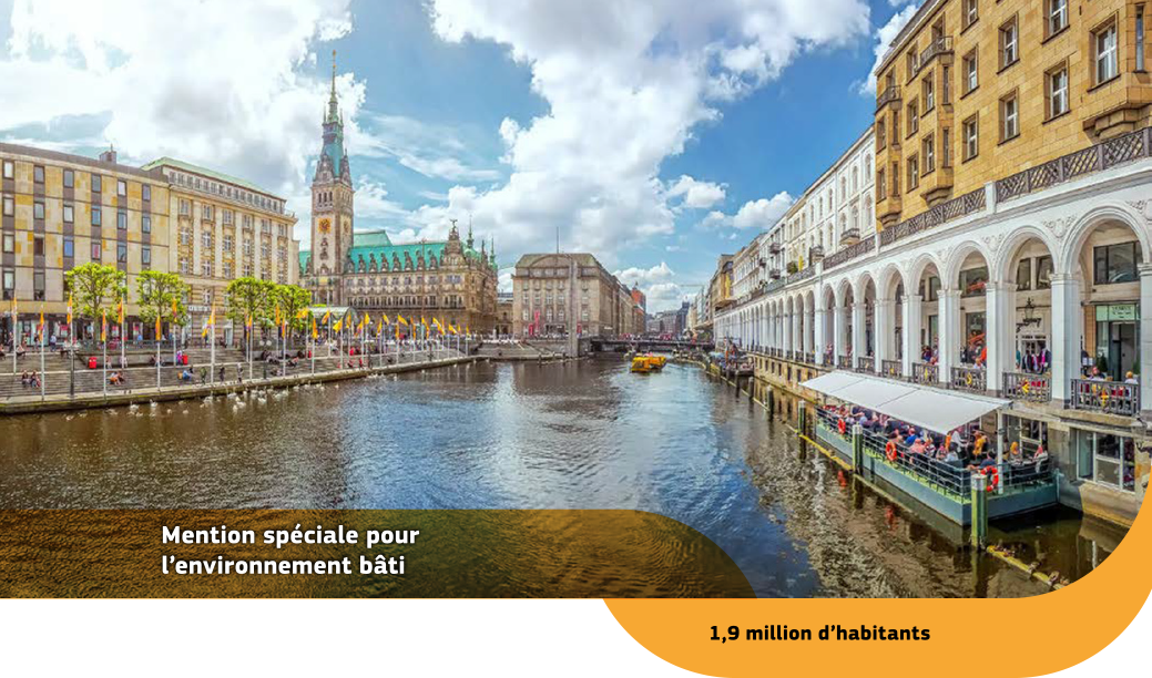 Vue de Hambourg montrant le fleuve et des bâtiments de part et d’autre, dont la cathédrale.