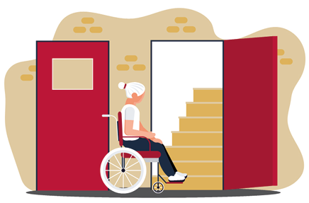 Mulher numa cadeira de rodas em frente a escadas