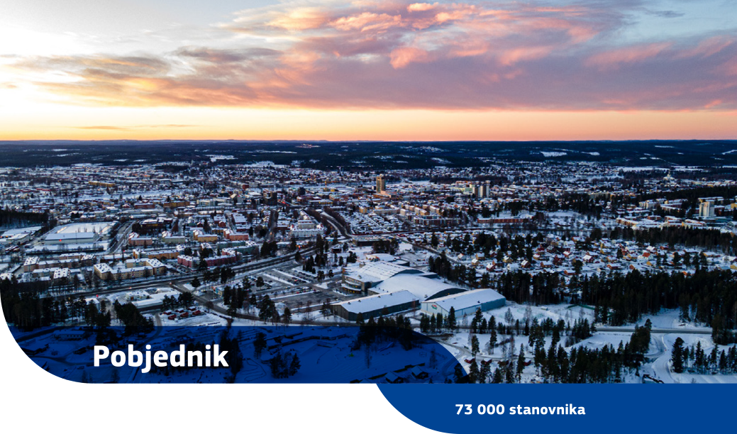 Pogled iz zraka na Skellefteå sa snijegom na zgradama i stablima