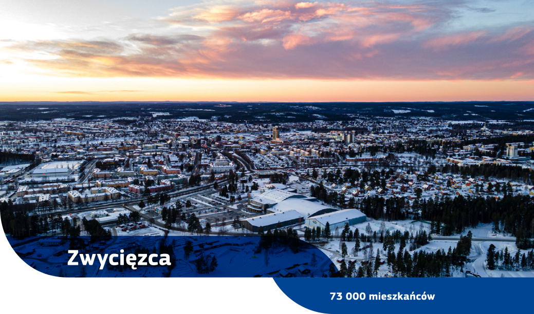 Widok miasta Skellefteå z lotu ptaka ze śniegiem na budynkach i drzewach