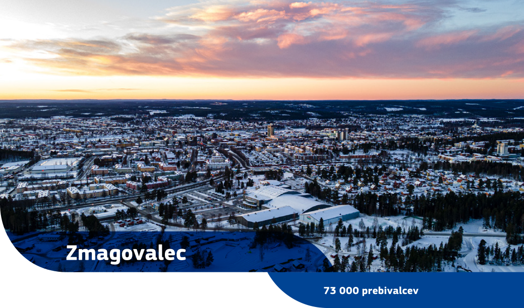 Pogled na mesto Skellefteå z zasneženimi stavbami in drevesi iz zraka