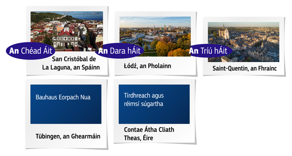 Radharc ón aer ar San Cristóbal de La Laguna, le hardeaglais sa lár ina bhfuil foirgnimh bhána agus terracotta, agus an fharraige sa chúlra. / Radharc ó thuas le crainn fómhair agus loch sa tulra, agus spireanna séipéil agus bloic túir sa chúlra. / Radharc ón aer ar lár Saint-Quentin ina léirítear ardeaglais a bhfuil ailtireacht stairiúil timpeall uirthi.