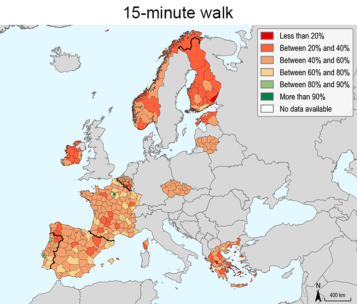 In most regions, primary schools are not easily accessible on foot but are within a 15-minute drive