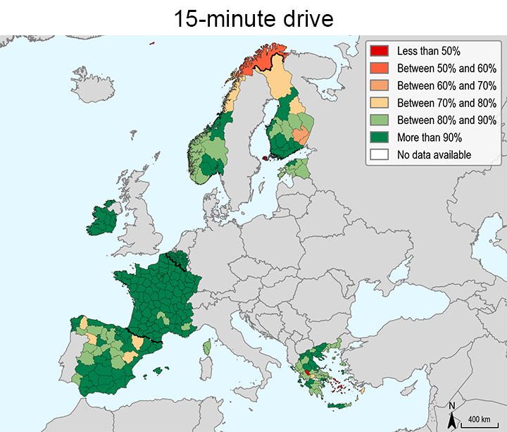 In most regions, primary schools are not easily accessible on foot but are within a 15-minute drive