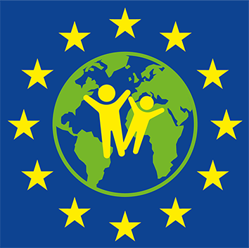Billede af EU's stjerner, der omkranser kloden og børn.