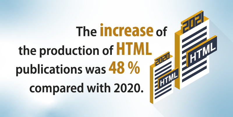 The increase of the production of HTML publications was 48 % compared with 2020. The html page for 2020 is represented half the size compared with the 2021 one.